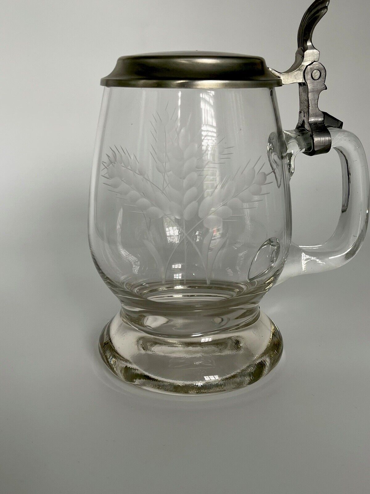 Vintage German Rein Zinn Cut Beer Glass Etched Wheat Design With Pewter Lid