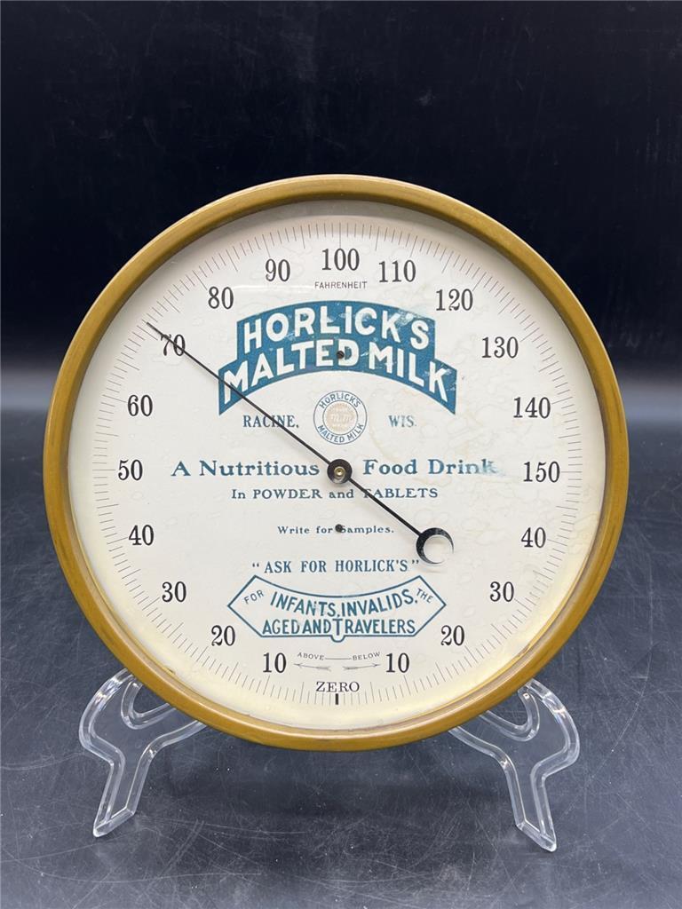 Vintage Brass Horlick\'s Malted Milk Racine WI Advertising Thermometer