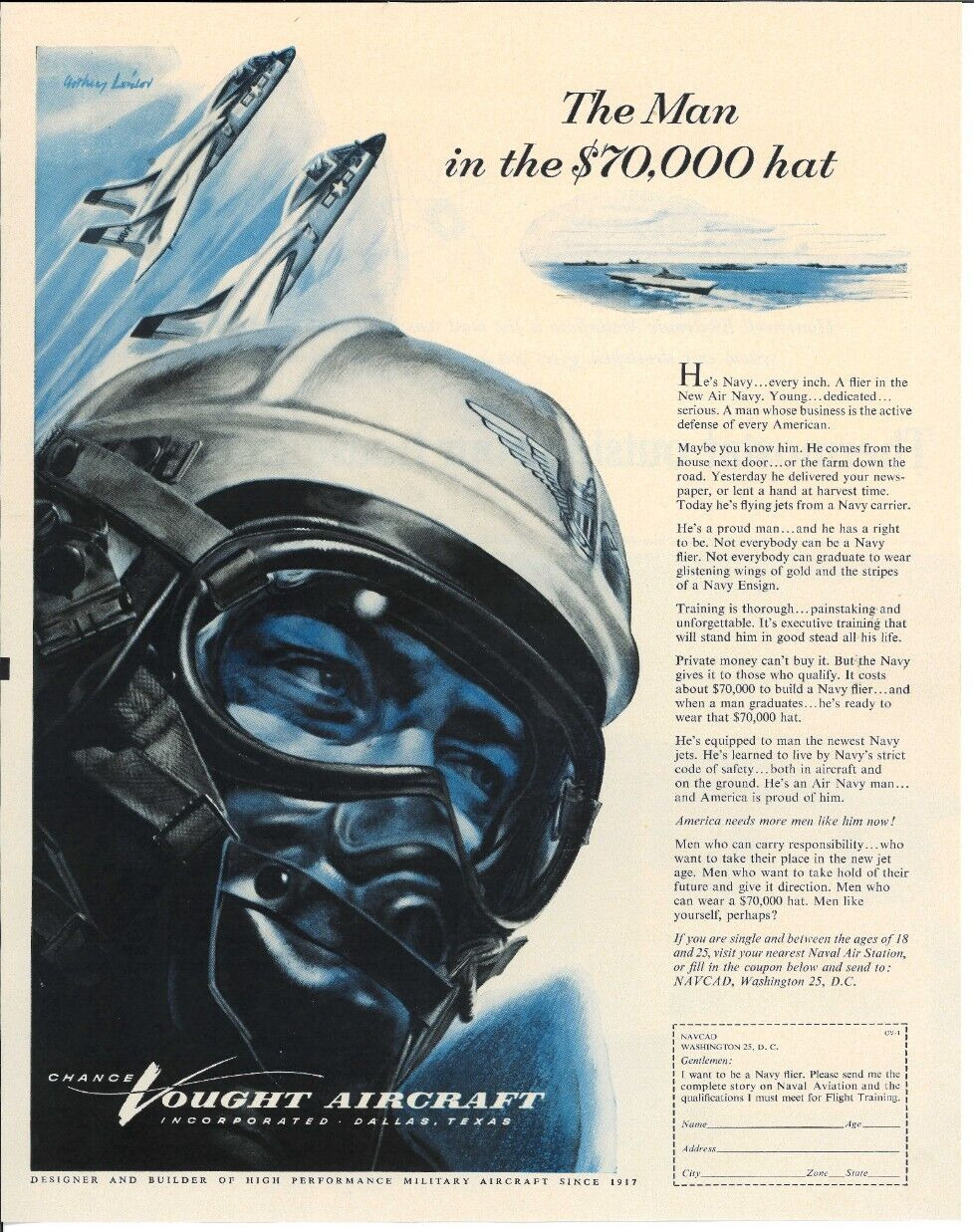 1955 NAVY Pilot Jet Plante CHANCE VOUGHT AIRCRAFT Vintage Recruitment Print Ad