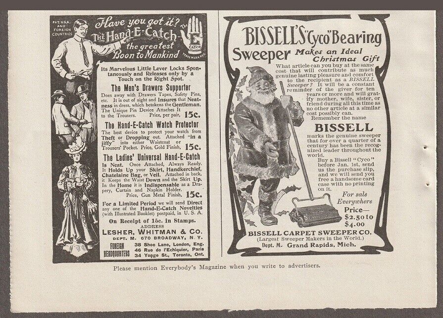 1904 BISSELL Rug SWEEPER XMAS Magazine AD~Santa Claus~HAND-E-CATCH/Men\'s Drawers