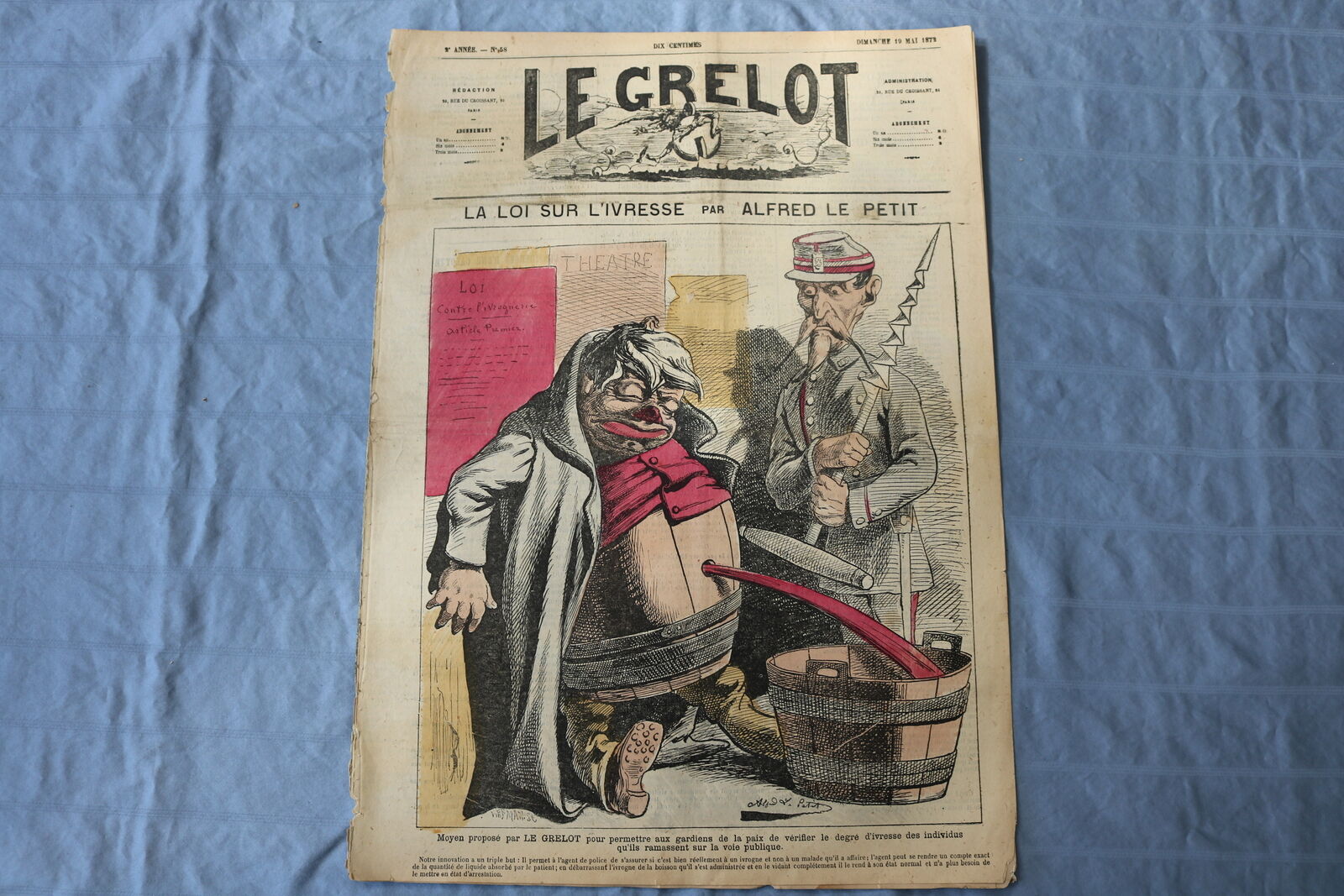 1872 MAY 19 LE GRELOT NEWSPAPER - LA LOI SUR L\'IVRESSE - FRENCH - NP 8586