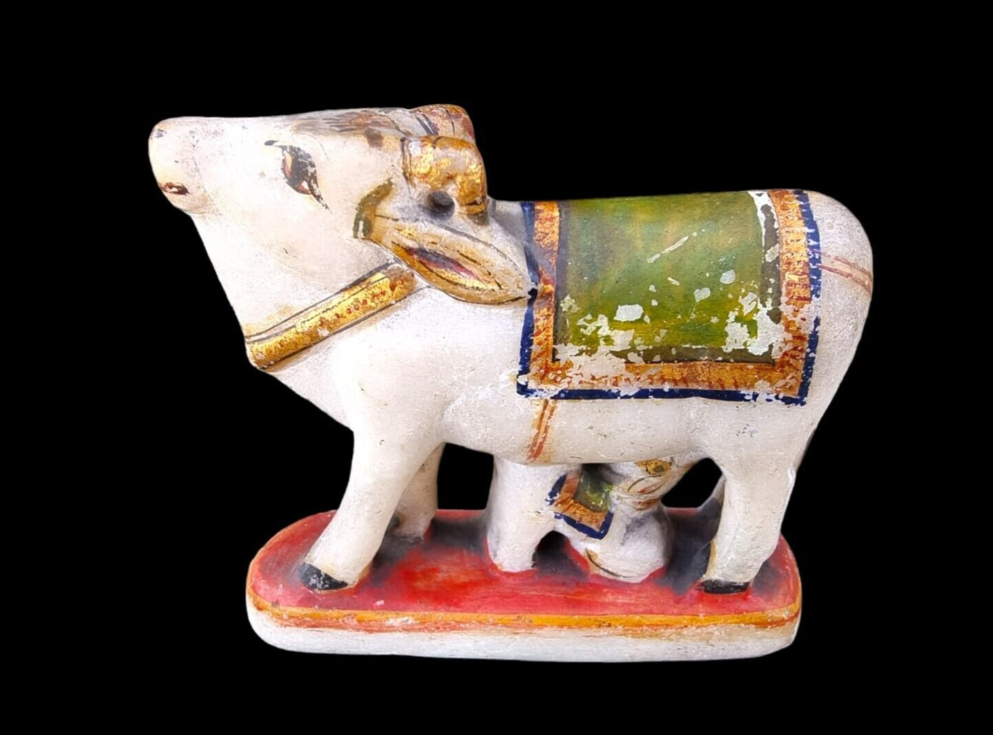 Vintage Stone Hand Carved Gold Work Krishna Nandi Cow Feeding Calf Figure Statue