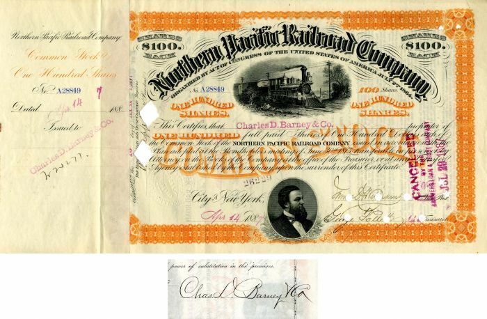 Northern Pacific Railroad Co. issued to Charles D. Barney and Co. - Autographed 