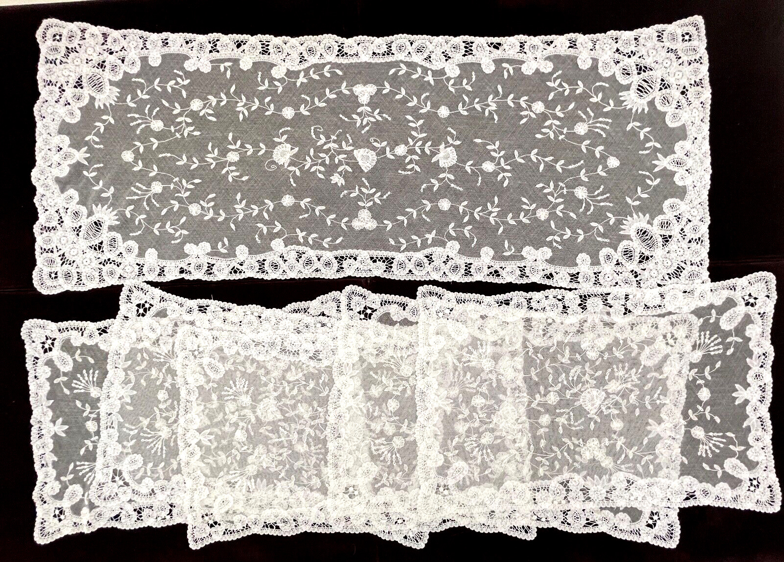 5 Vintage Antique Handmade Princess Lace Placemats & Runner - YY833