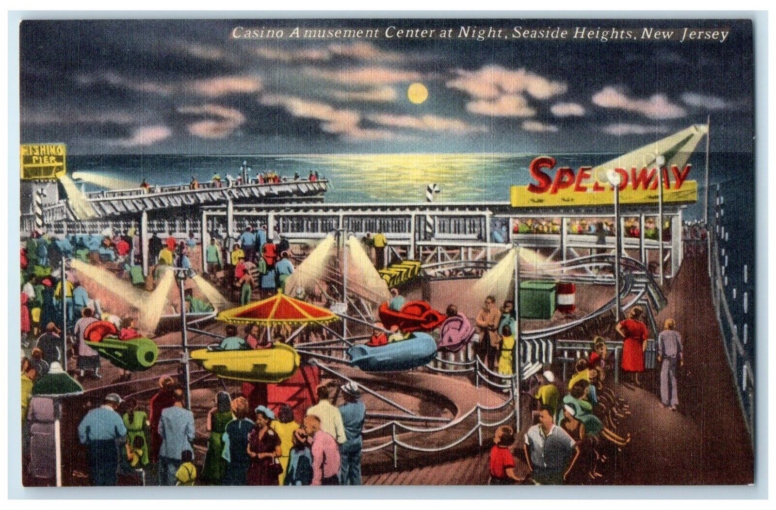 c1940 Casino Amusement Center Night Moon Seaside Heights New Jersey NJ Postcard