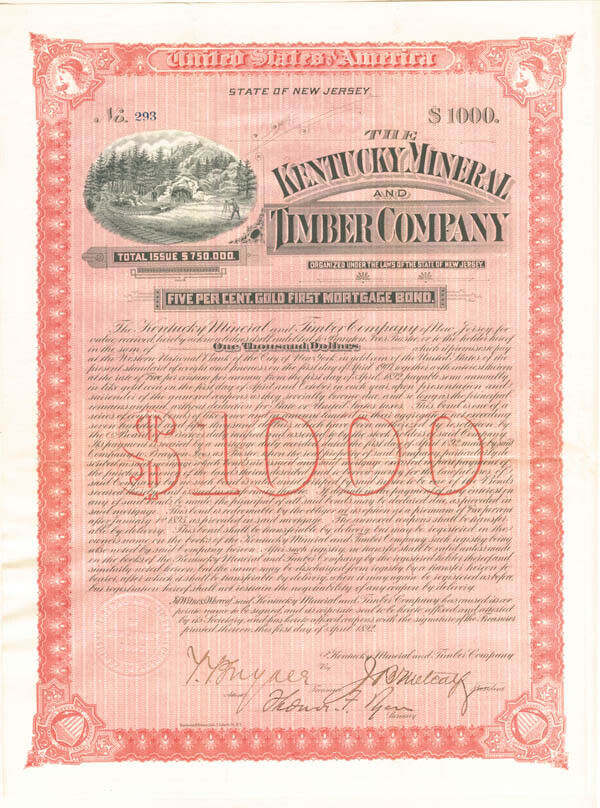 Kentucky Mineral and Timber Co. $1,000 Uncanceled Gold Bond signed by Brayton Iv