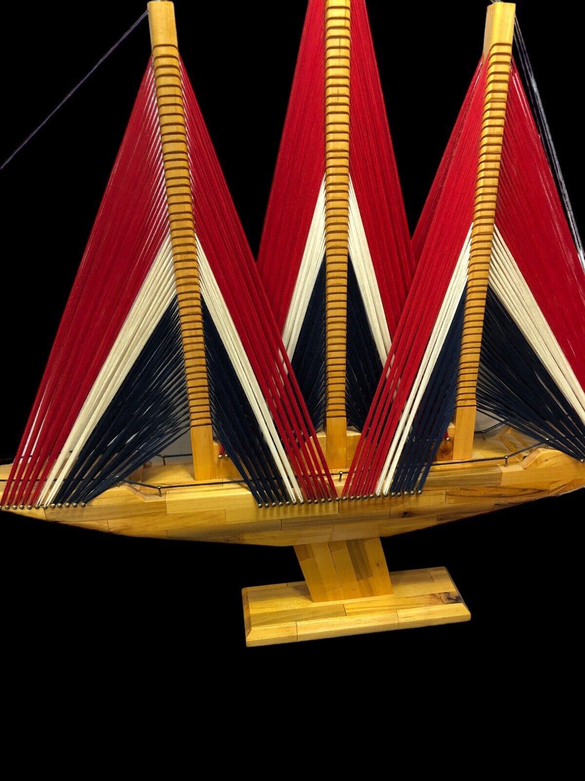 Wooden Sailing Vessel Sting Art 3D Unique 25” Tall X 33” Wide Wood Triple Mast