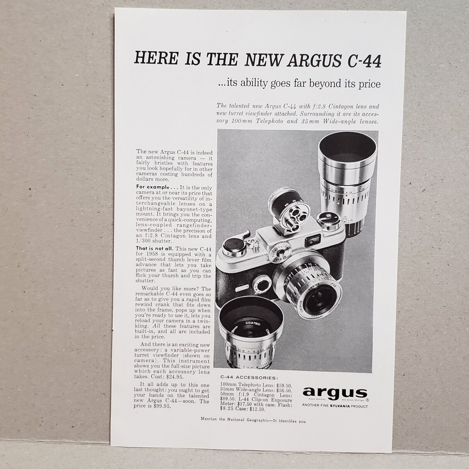 1958 Argus Camera Cintagon Lens C44 Print Ad Turret Viewfinder