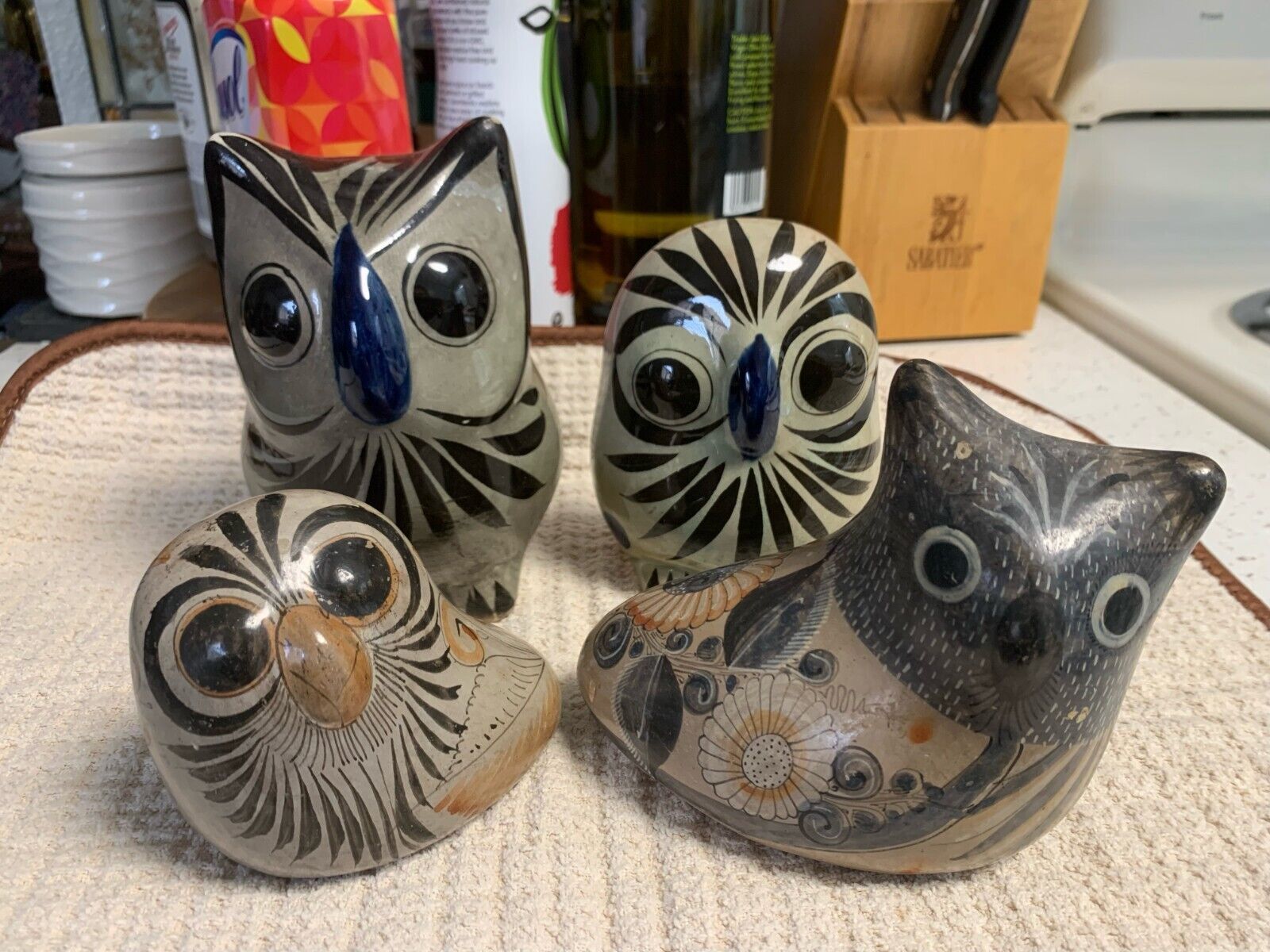 Lot of 4 Vintage Mexican Tonala Birds Folk Art Clay Pottery Owls
