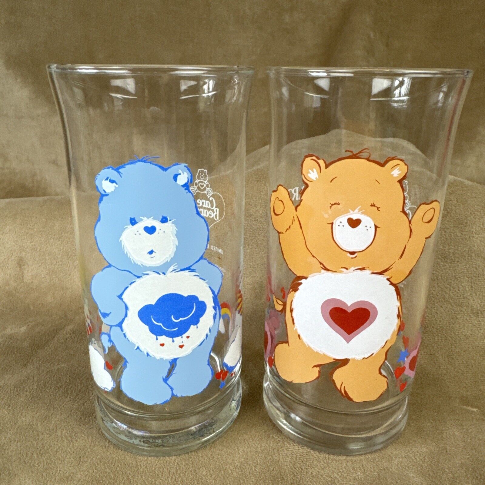 Vintage 1983 Care Bears Grumpy & Tenderheart Glasses ~Pizza Hut Drinking Glass