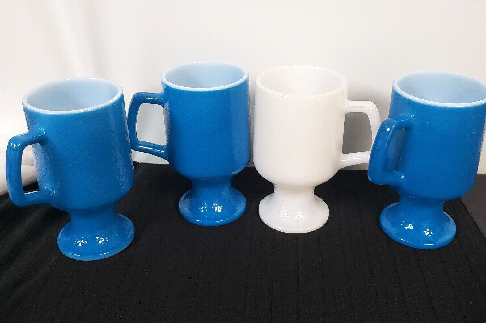 Vintage 4 Blue white textured Milk Glass Footed Mug Cup Hazel Atlas orange peel