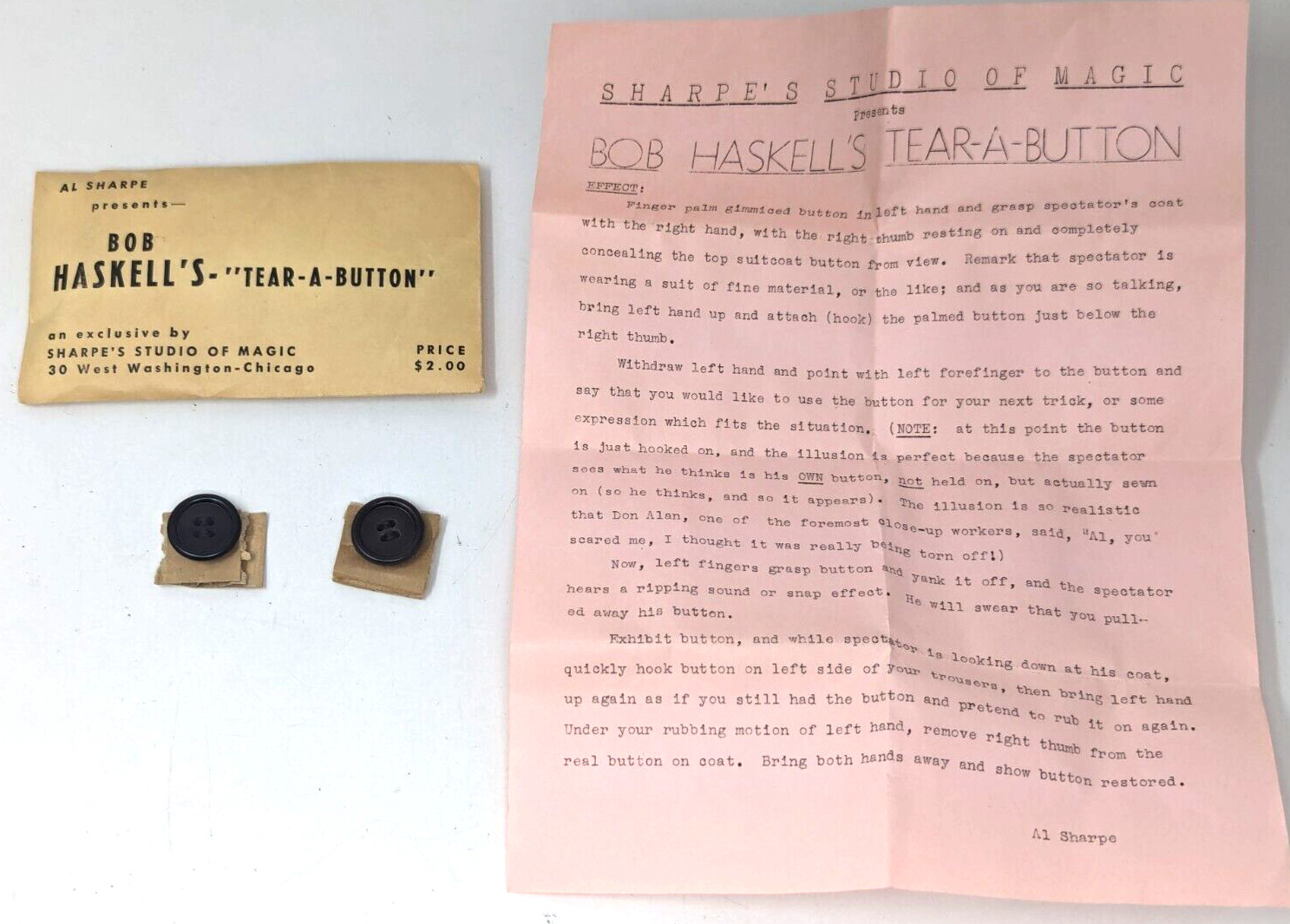 Vintage Alton Sharpe Bob Haskell Tear-A-Button Magic Trick Magician Gimmick M24