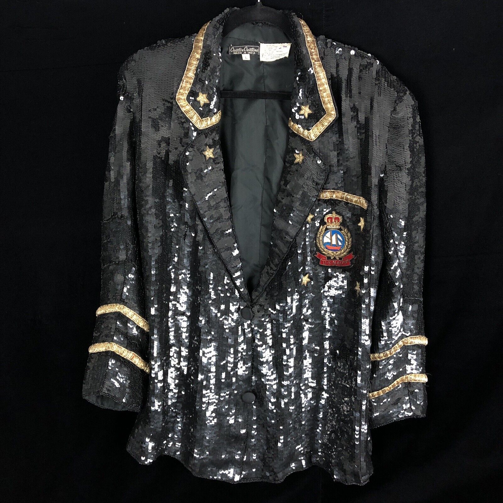 1980s Creative Creations Woman’s Gold Bullion USN Navy Ball Gown Sequin Blazer 