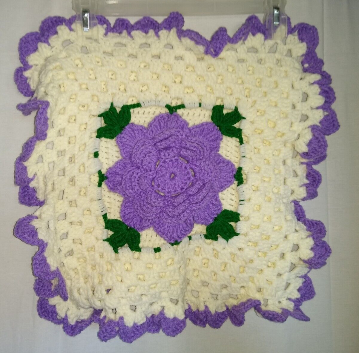 Lot Of 2 Hand Crocheted Pillow Covers Purple/Cream/Green Flower NEW Shabby Chic