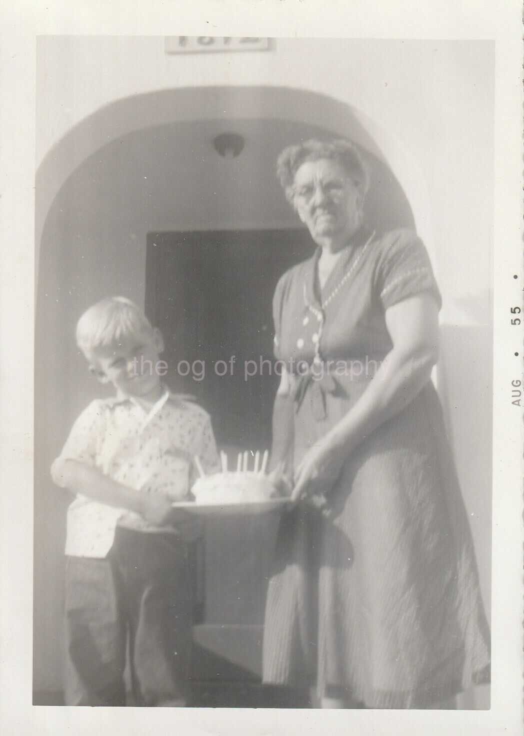 BIRTHDAY BOY WITH GRANDMA 1950\'s Cake FOUND PHOTO bw Original Snapshot 97 10