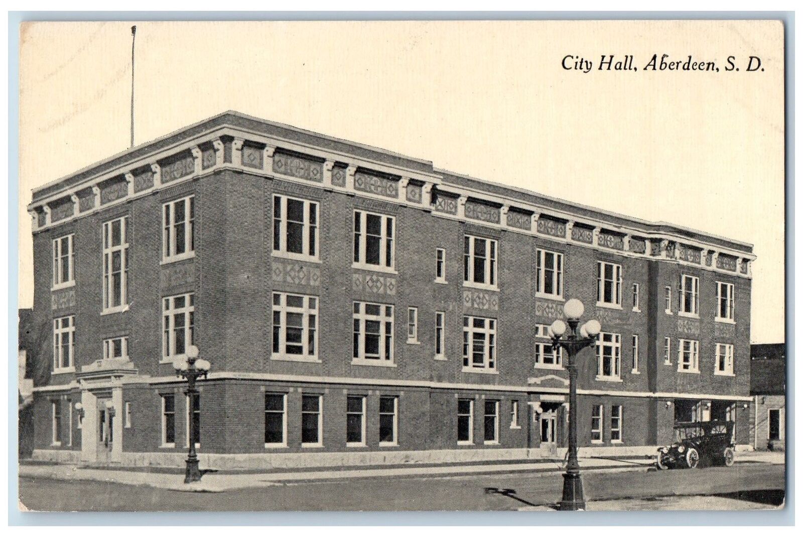 c1910 City Hall Building Classic Car Street Lamp Aberdeen South Dakota Postcard