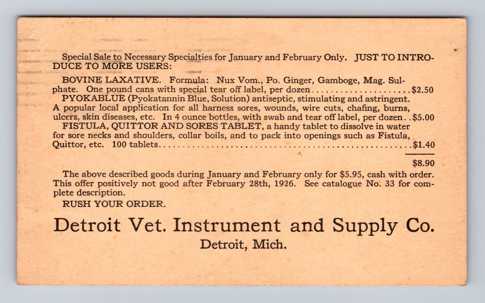 Detroit MI-Michigan, Vet Instrument And Supply Company, Vintage c1926 Postcard