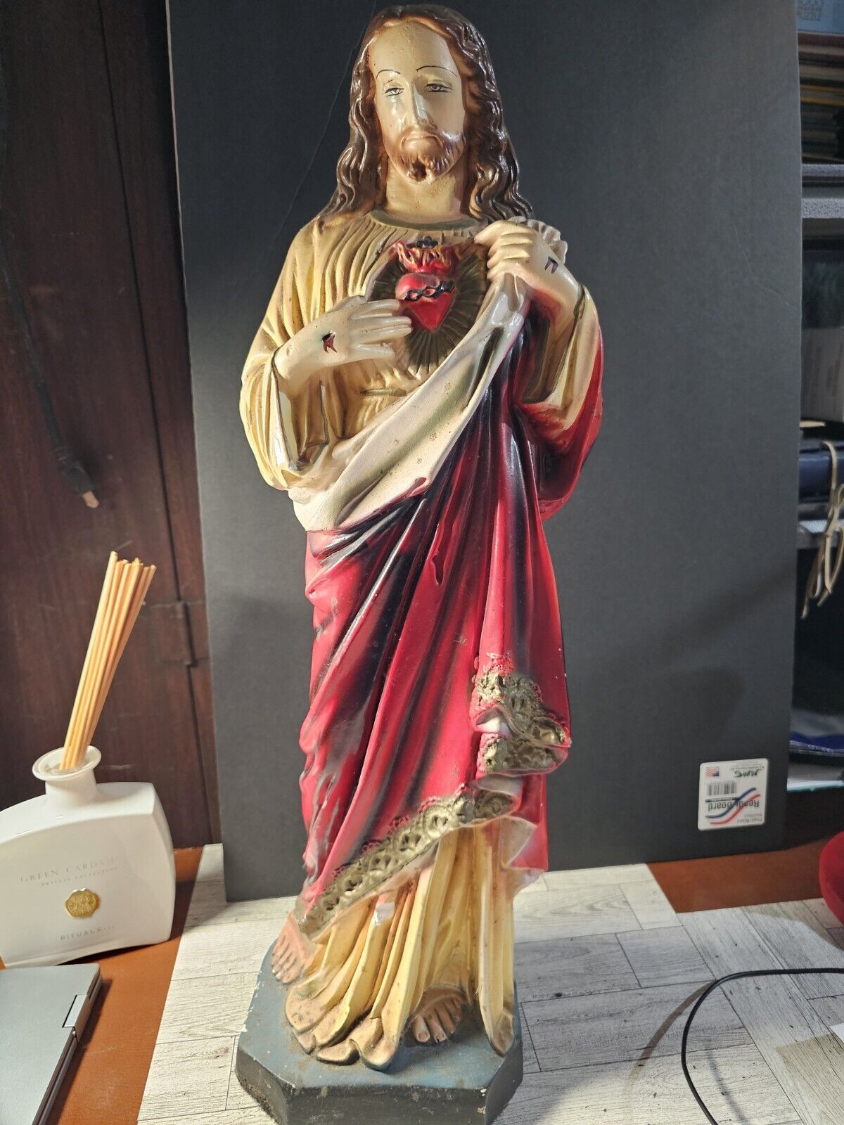 Vintage Sacred Heart Of Jesus Chalk ware Statue 24” Tall Religious