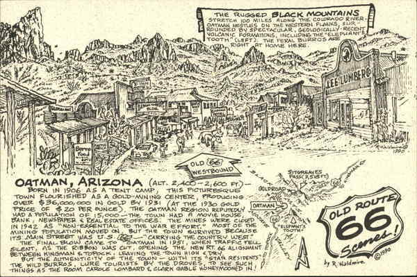 Oatman,AZ Old Route 66 Scenes-1990 Mohave County Arizona R. Waldmire Postcard