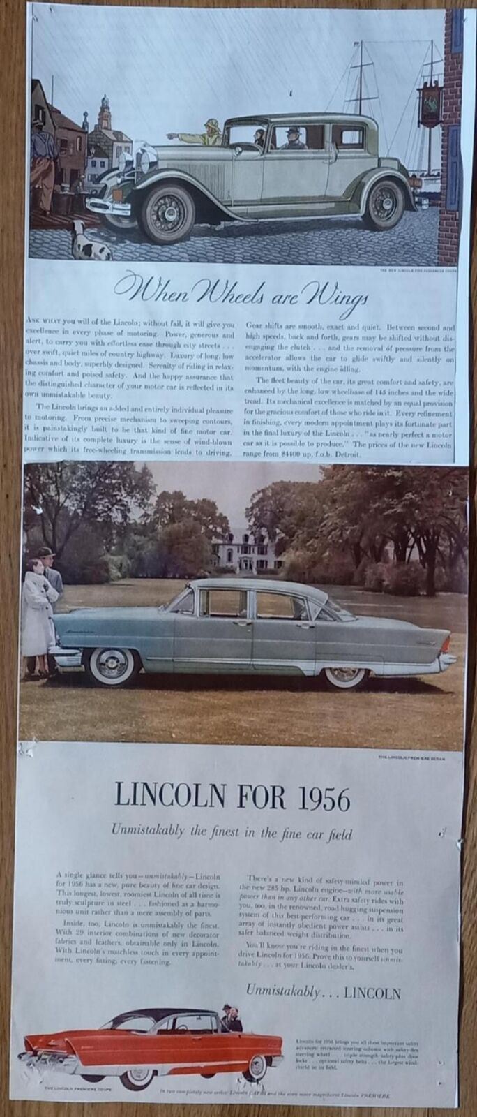 1956 LINCOLN PREMIERE WHEELS ARE WINGS DOUBLE PAGE PRINT AD VINTAGE ADVERTISMENT