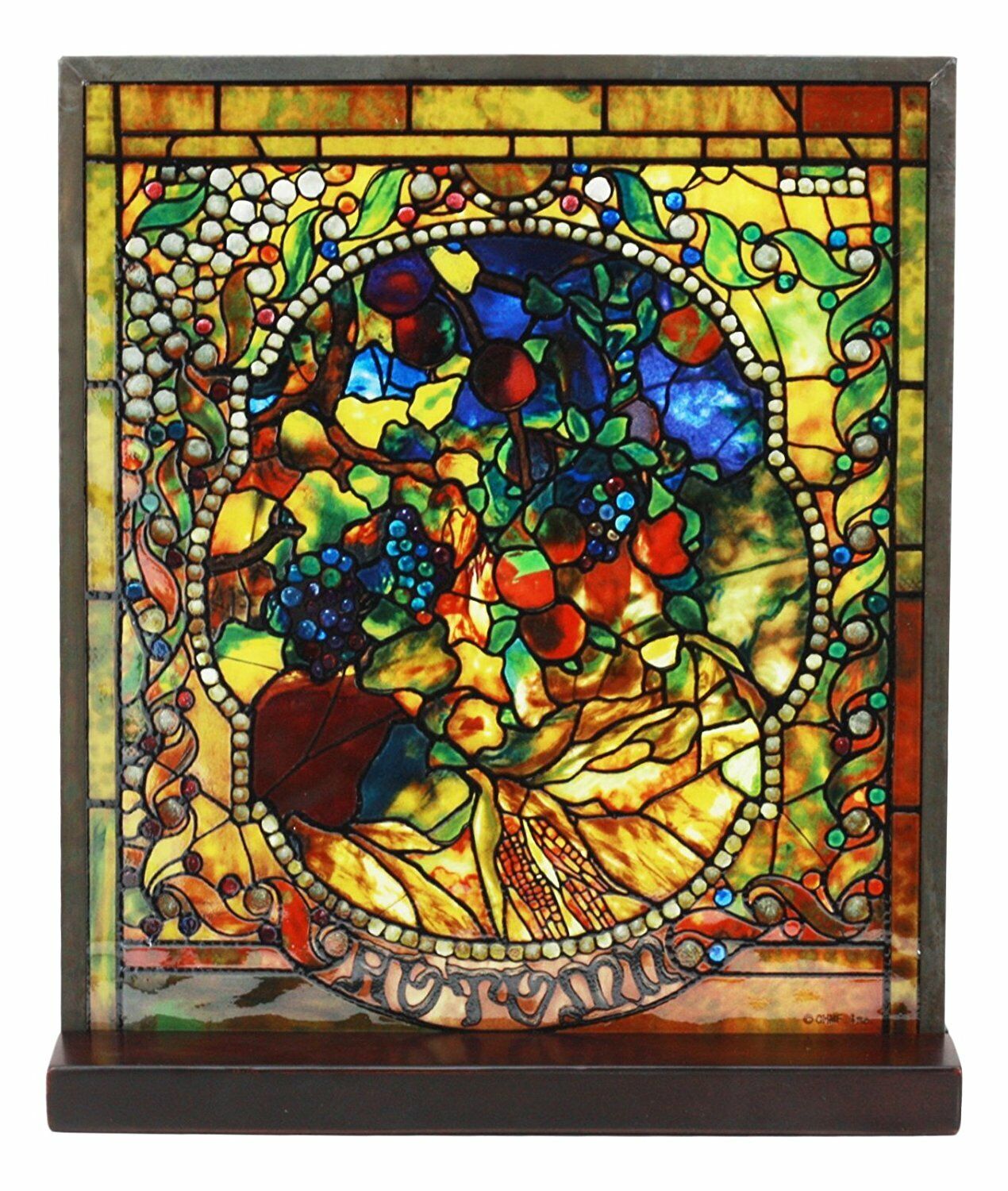 Ebros Louis Comfort Tiffany Four Seasons Autumn Fall Stained Glass Art With Base