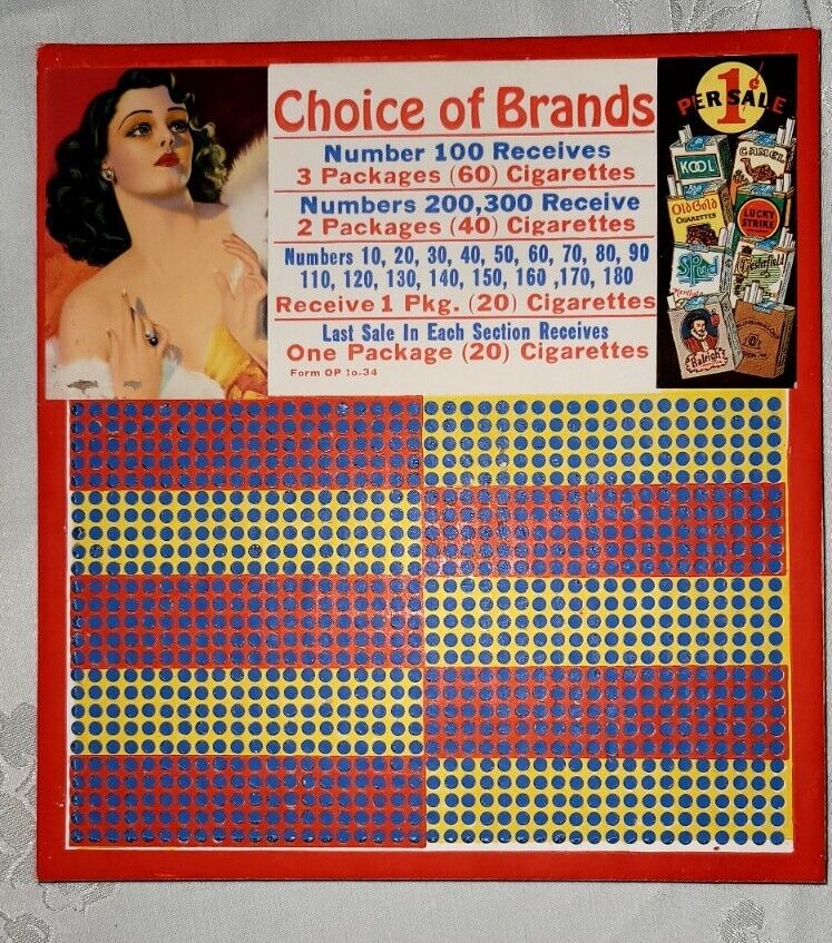 1 Cent Antique Cigarette Illegal Gambling Punchboard Tobacco Sale Vintage Pin-Up