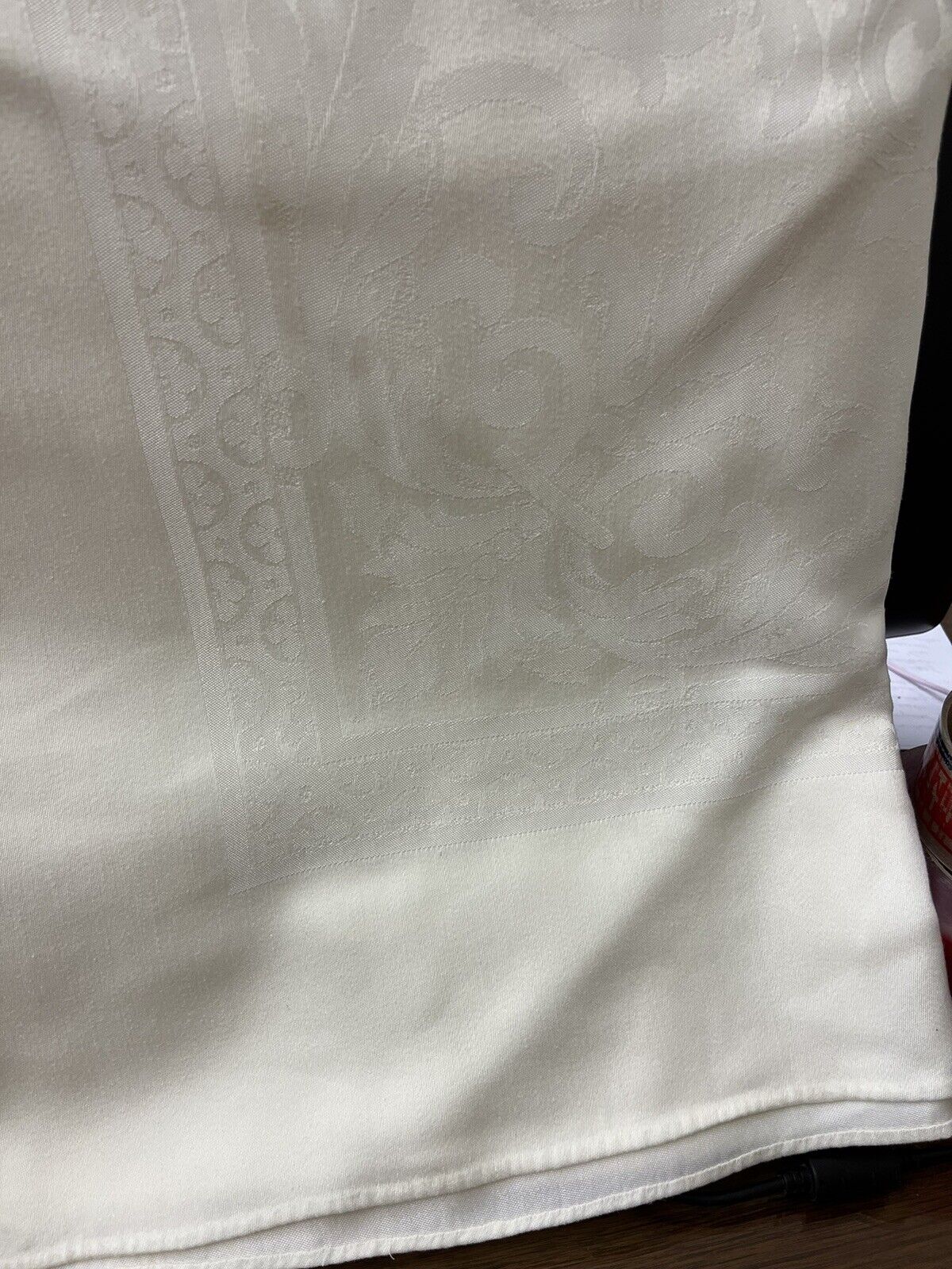 Vintage Linen Damask Tablecloth, floral and scroll design, 70” x 96” Cream/ivory