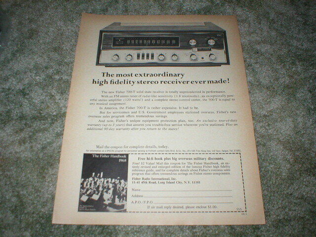 Vintage  1968 Fisher 700-T Stereo Receiver  High Fidelity Ad 8 x11\