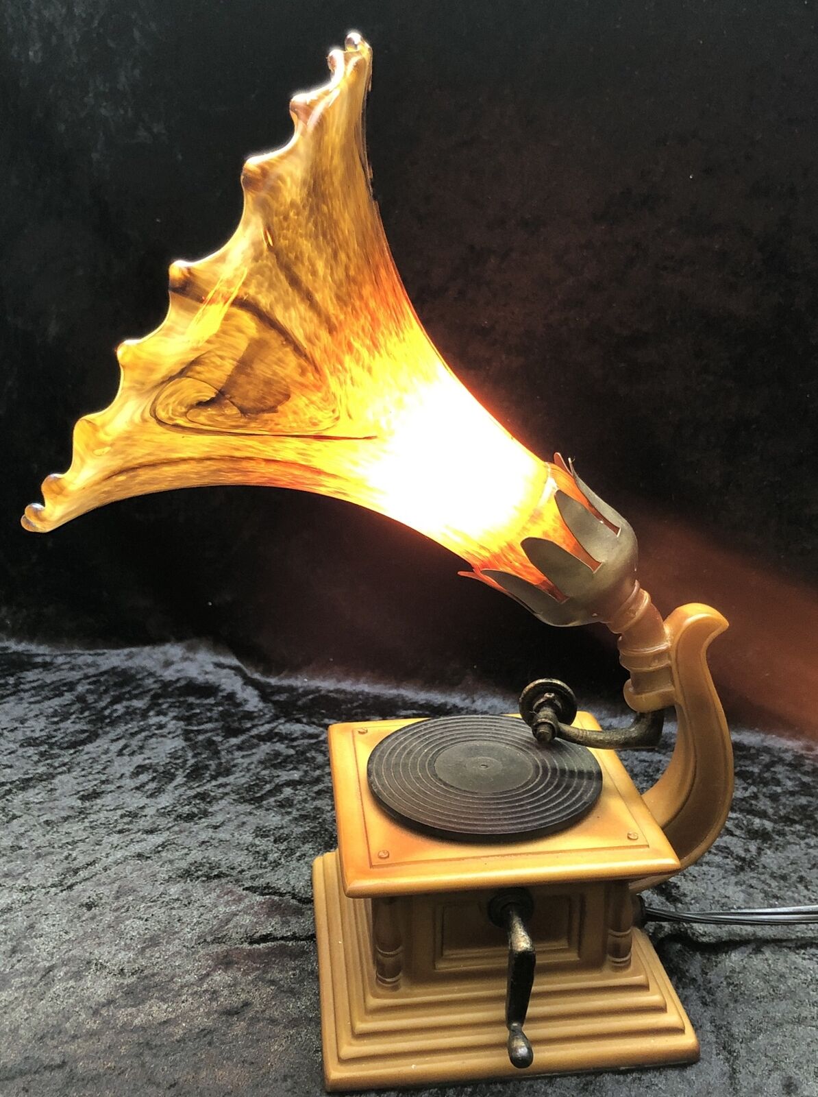 Gramophone Millefiori Amber Art Glass Tulip Table Lamp LP Record Player Free Sh