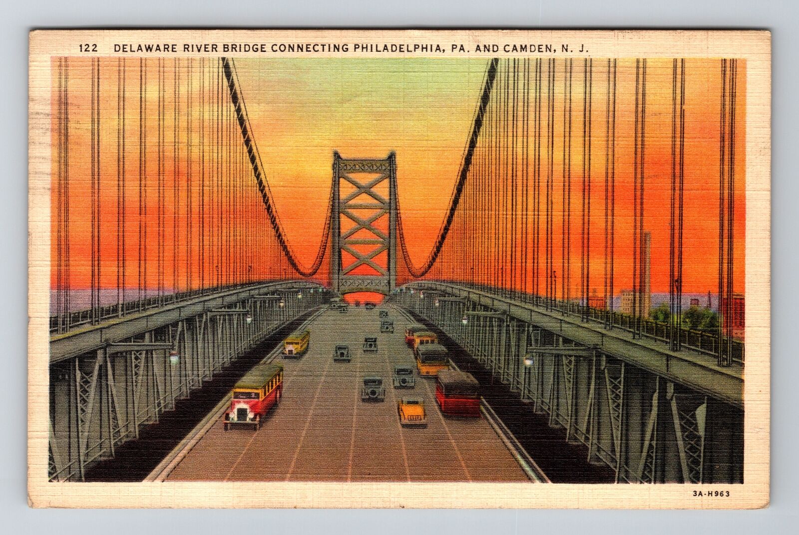 Camden NJ-New Jersey, Sunset on Delaware River Bridge, Vintage c1941 Postcard
