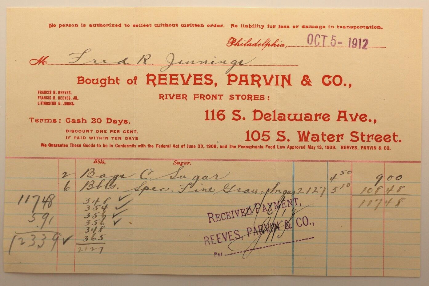 Antique Reeves, Parvin & Co. Receipt of Payment Philadelphia 1912