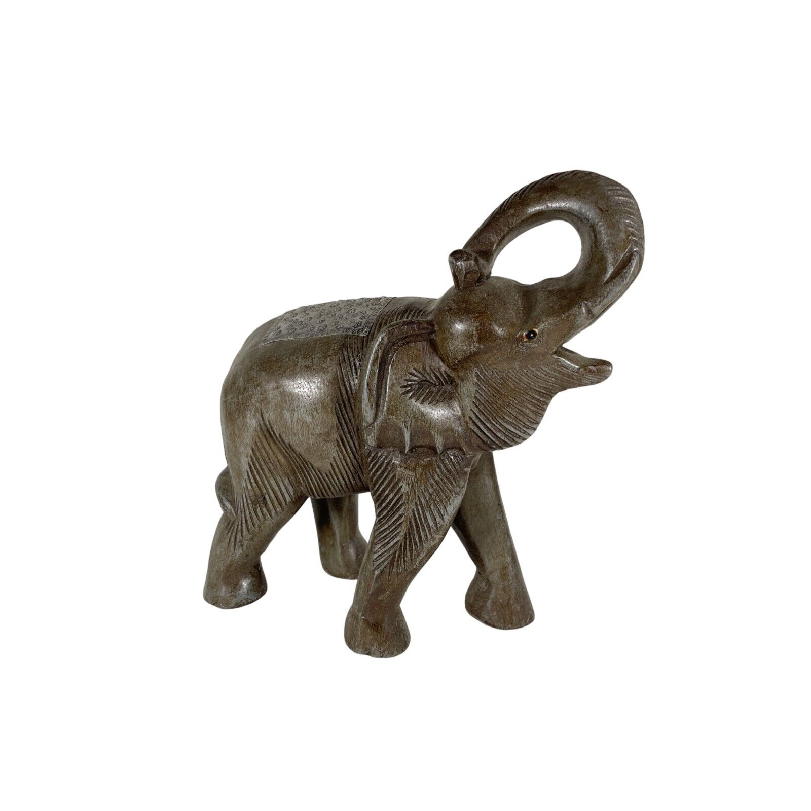 Vintage Large Wooden Elephant Statue Hand Carved Solid Wood Metal Accents