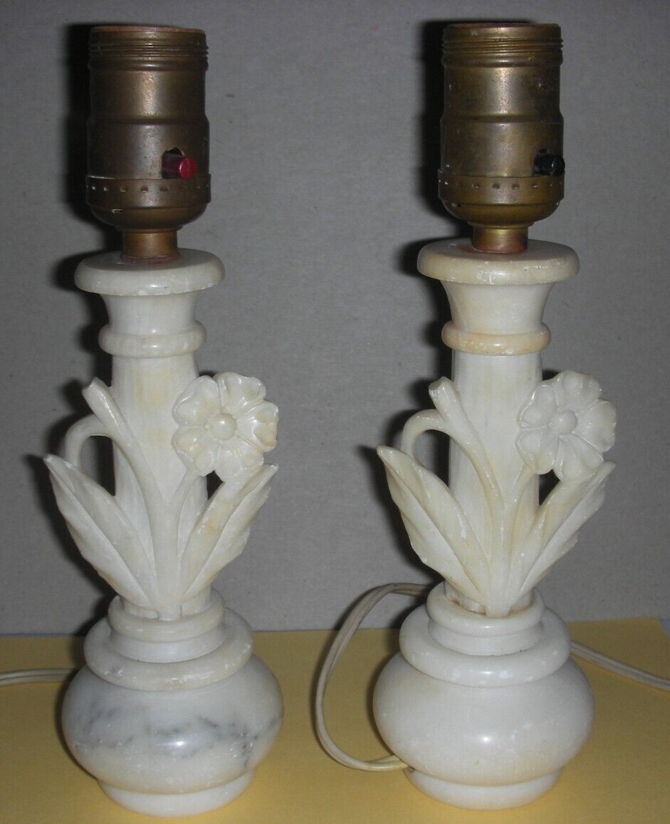 2 - ANTIQUE/VINTAGE CARVED ALABASTER FLOWER TABLE LAMPS ART NOUVEAU MARBLE