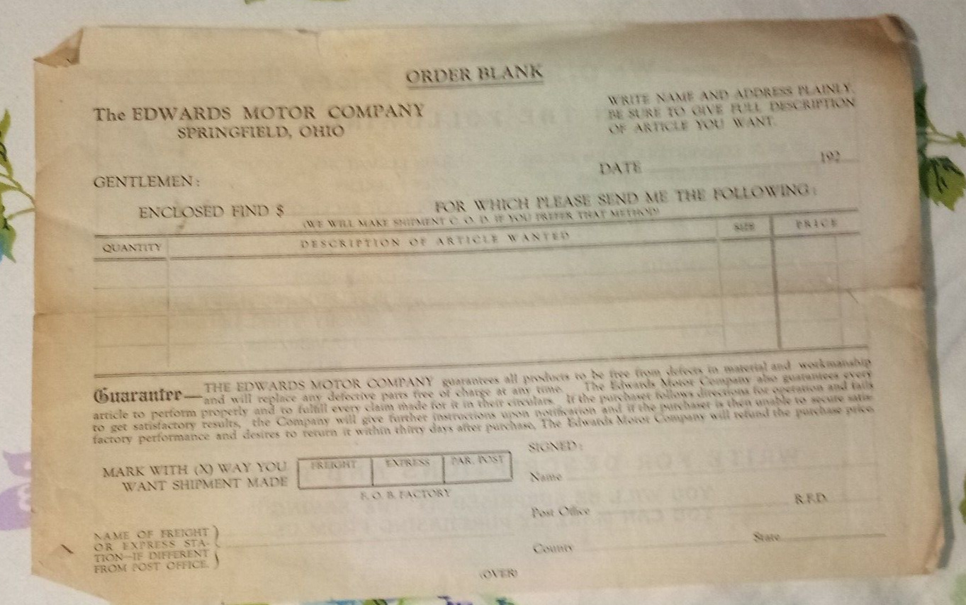 1920s - Edwards Motor Company - Springfield Ohio - Order Blank