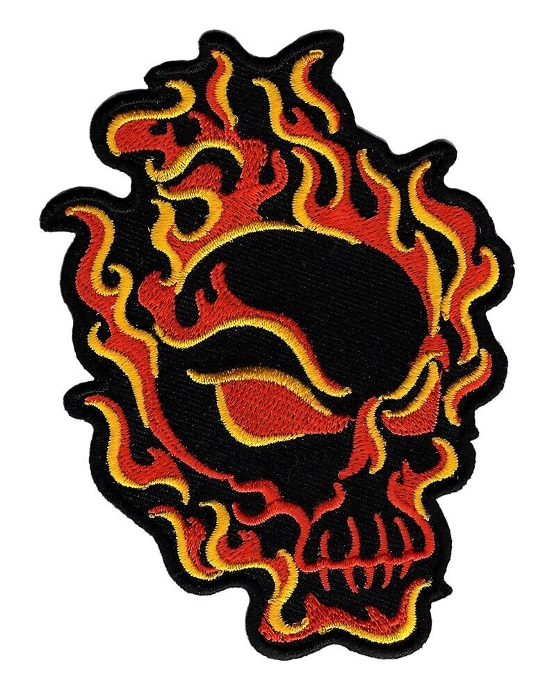 FLAMING SKULL PATCH embroidered iron-on EVIL FIRE FLAME BIKER SKELETON MORALE