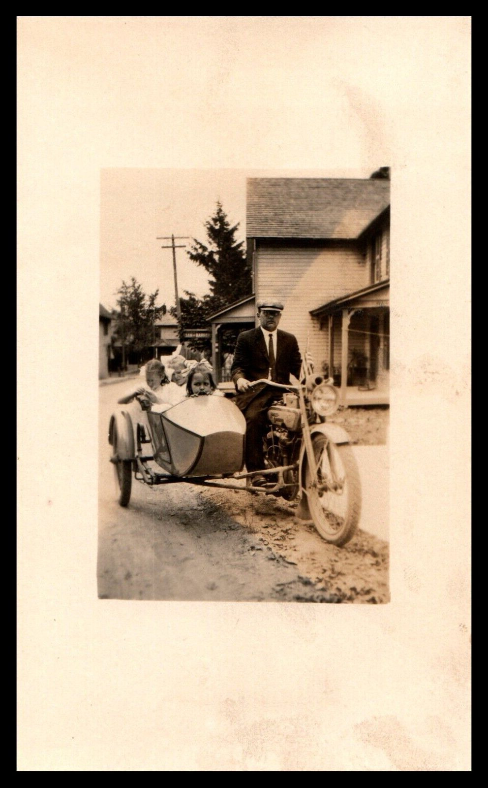 RPPC Early 1920 s Harley Davidson Motorcycle Sidecar Man Driving Children