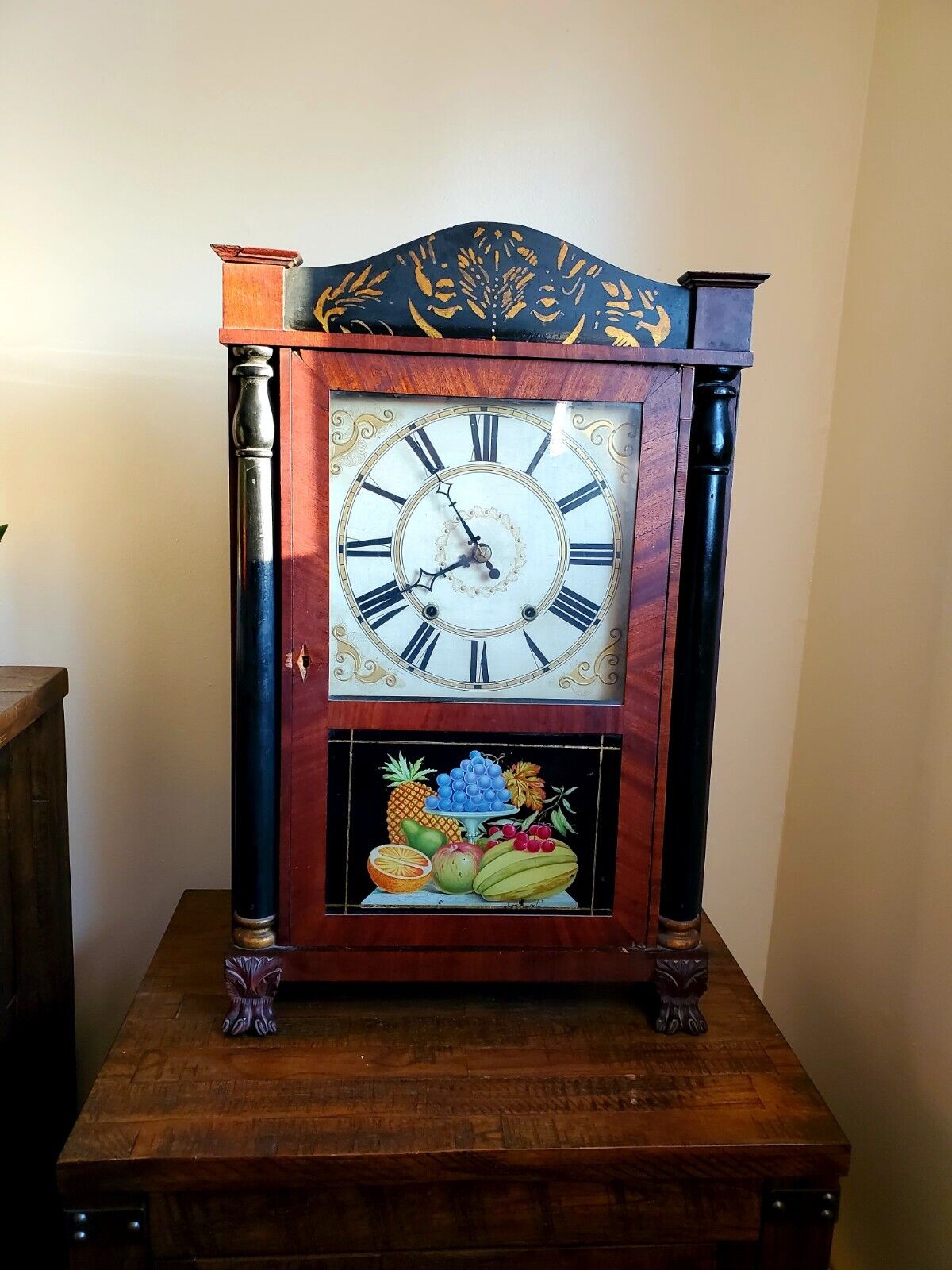 Antique c.1840 RILEY WHITING Wood Works Pillar Mantle Clock 28\