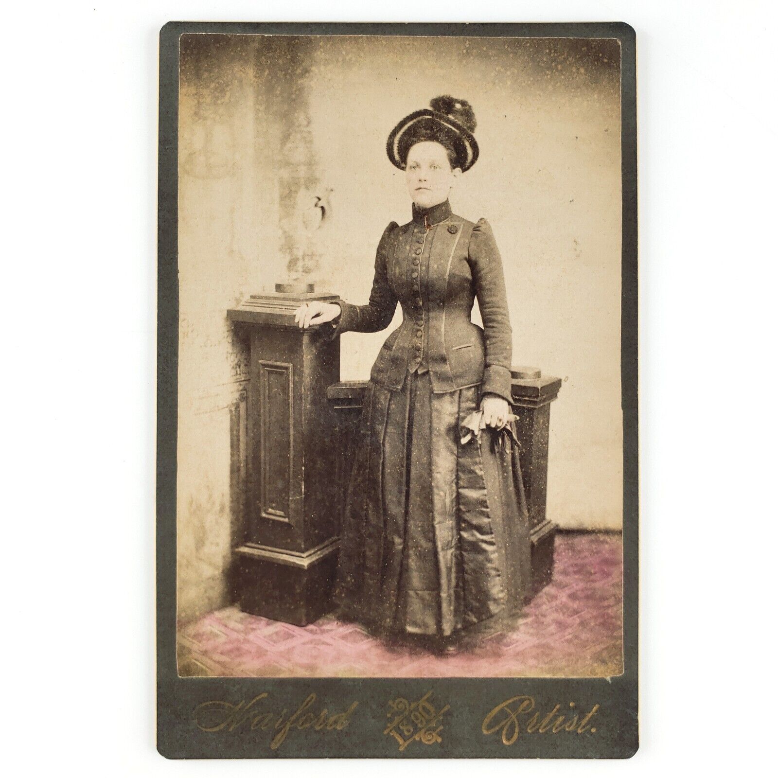 Woman Holding Gloves Cabinet Card c1890 Harford Tinted Pedestal Lady Photo A3228