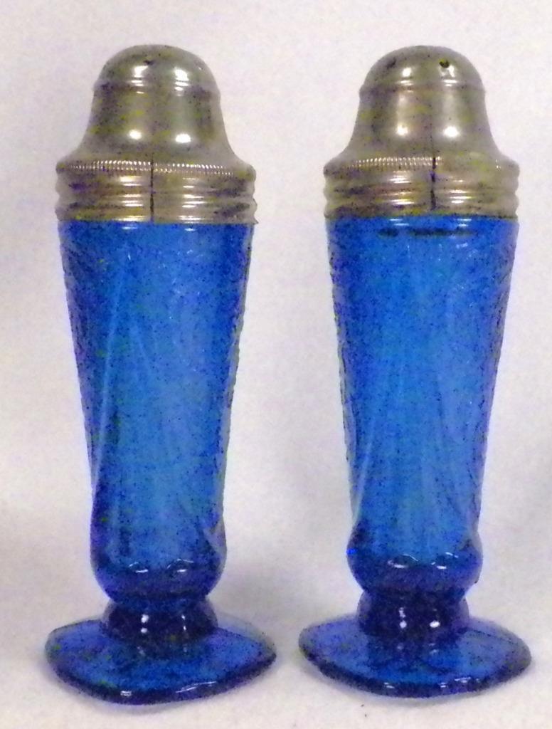 Royal Lace Salt & Pepper Shakers Blue Depression Glass Hazel Atlas Lids As Is