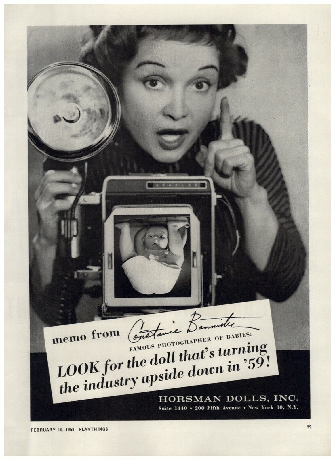 1959 PAPER AD Constance Bannister Baby Photographer Horsman Dolls Graflex Camera