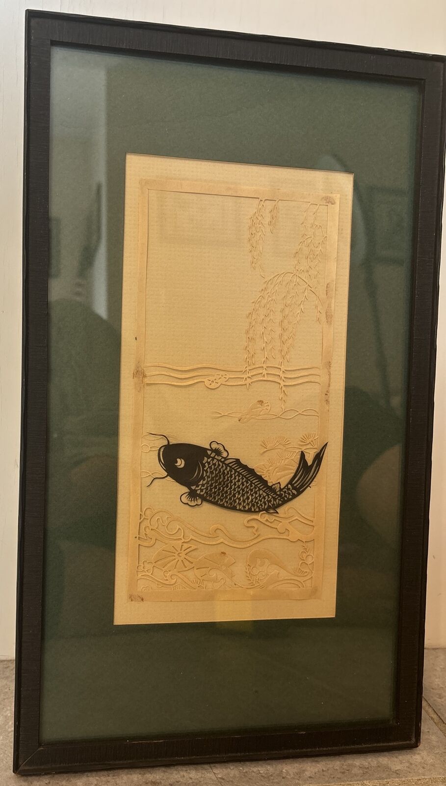 VTG Framed Matted Japanese Kirigami Art Koi Fish Water Scene 15” X 9” Pic-5”x9”