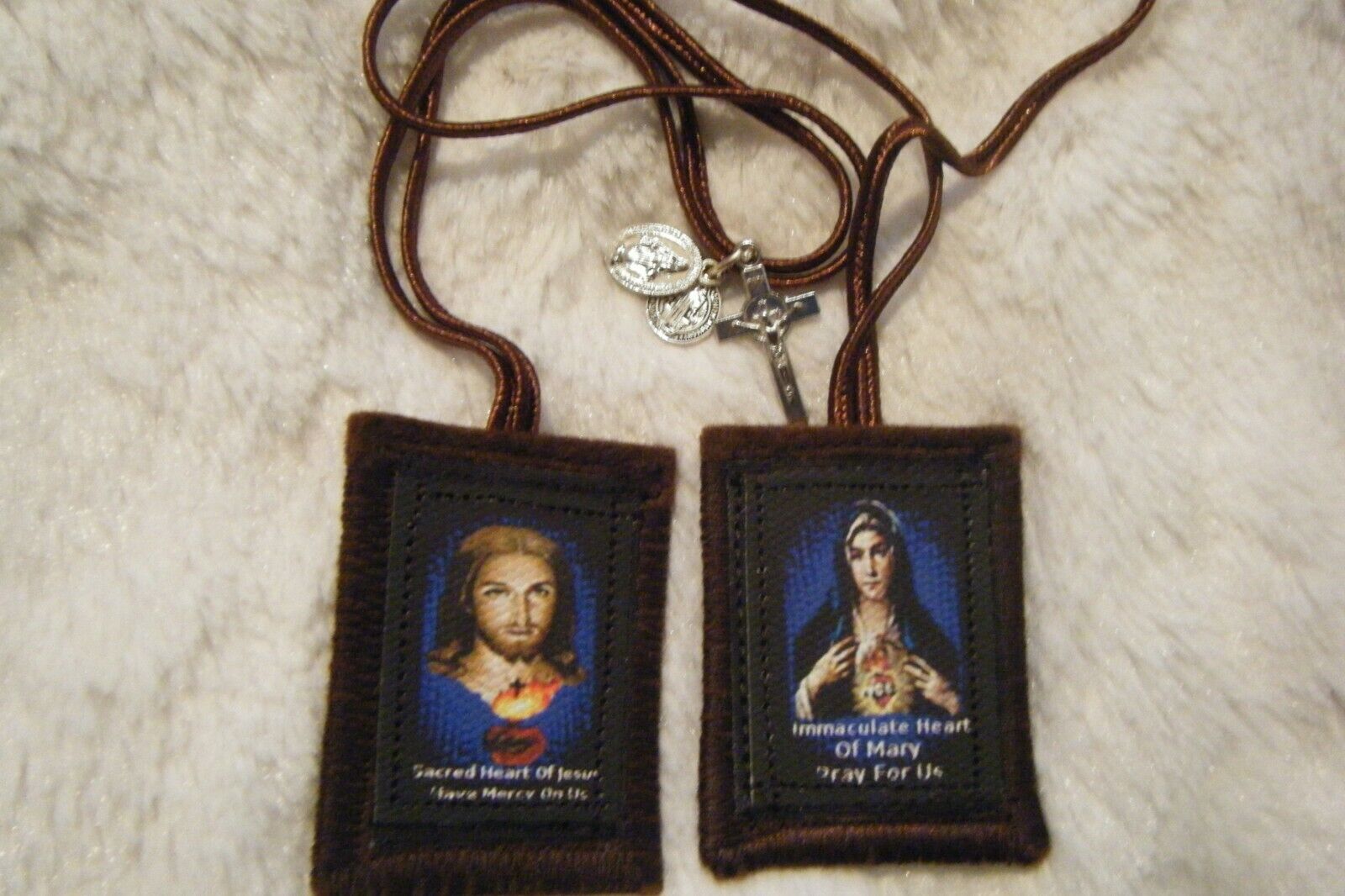 Sacred Hearts of Jesus and Mary Brown Scapular 100%Wool Handmade in USA