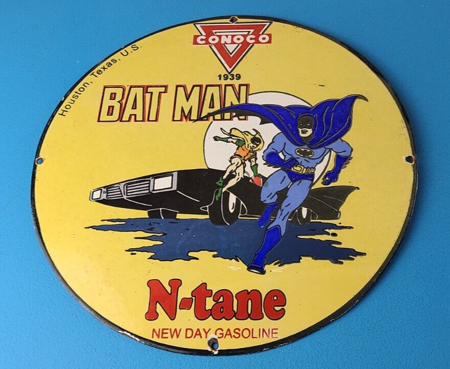 Vintage Conoco Gasoline Porcelain Sign - Batman Robin Comics Texas Gas Pump Sign