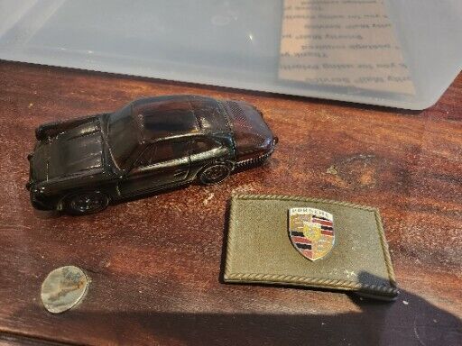 Vintage Porsche Metal Belt Buckle with Enamel Shield Emblem & After Shave Bottle