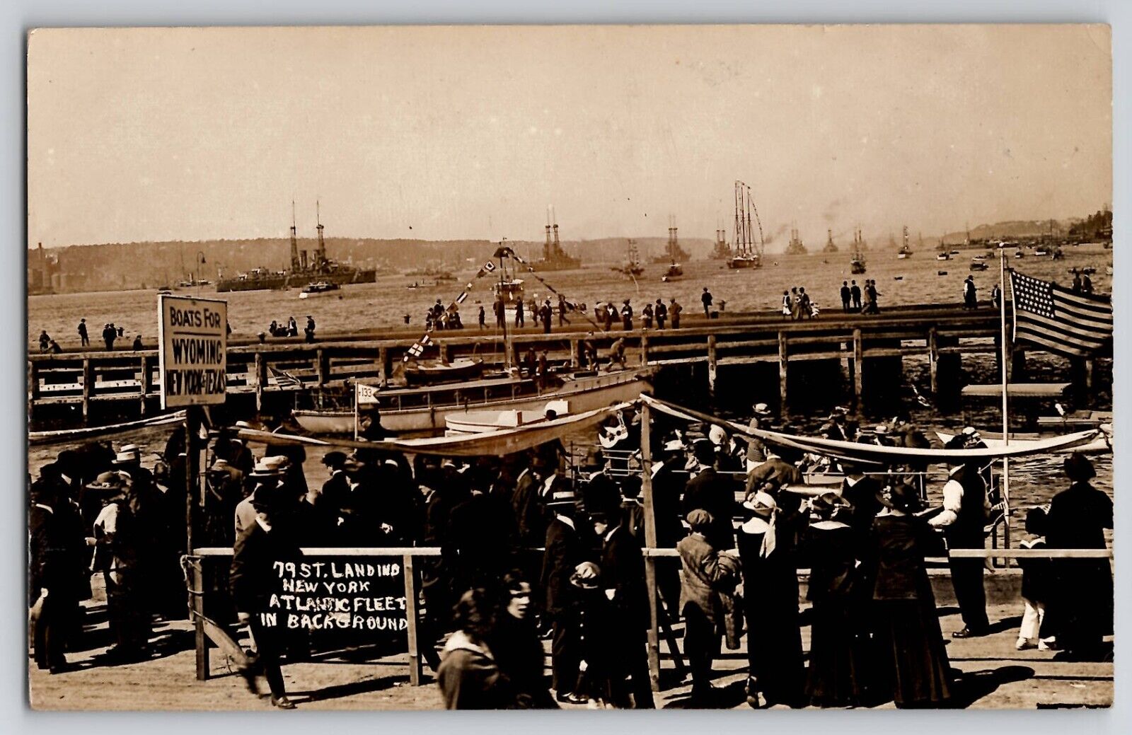 79th St Landing New York NY RPPC Photo Postcard Atlantic Fleet Battleships 1910s