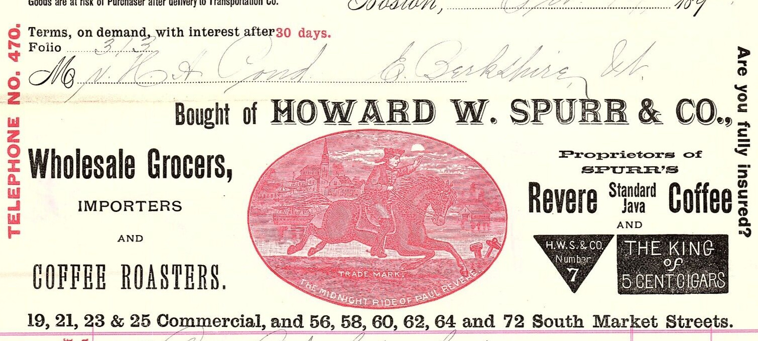 1893 HOWARD W SPURR BOSTON MA REVERE COFFEE CIGARS GROCERS BILLHEAD Z3423