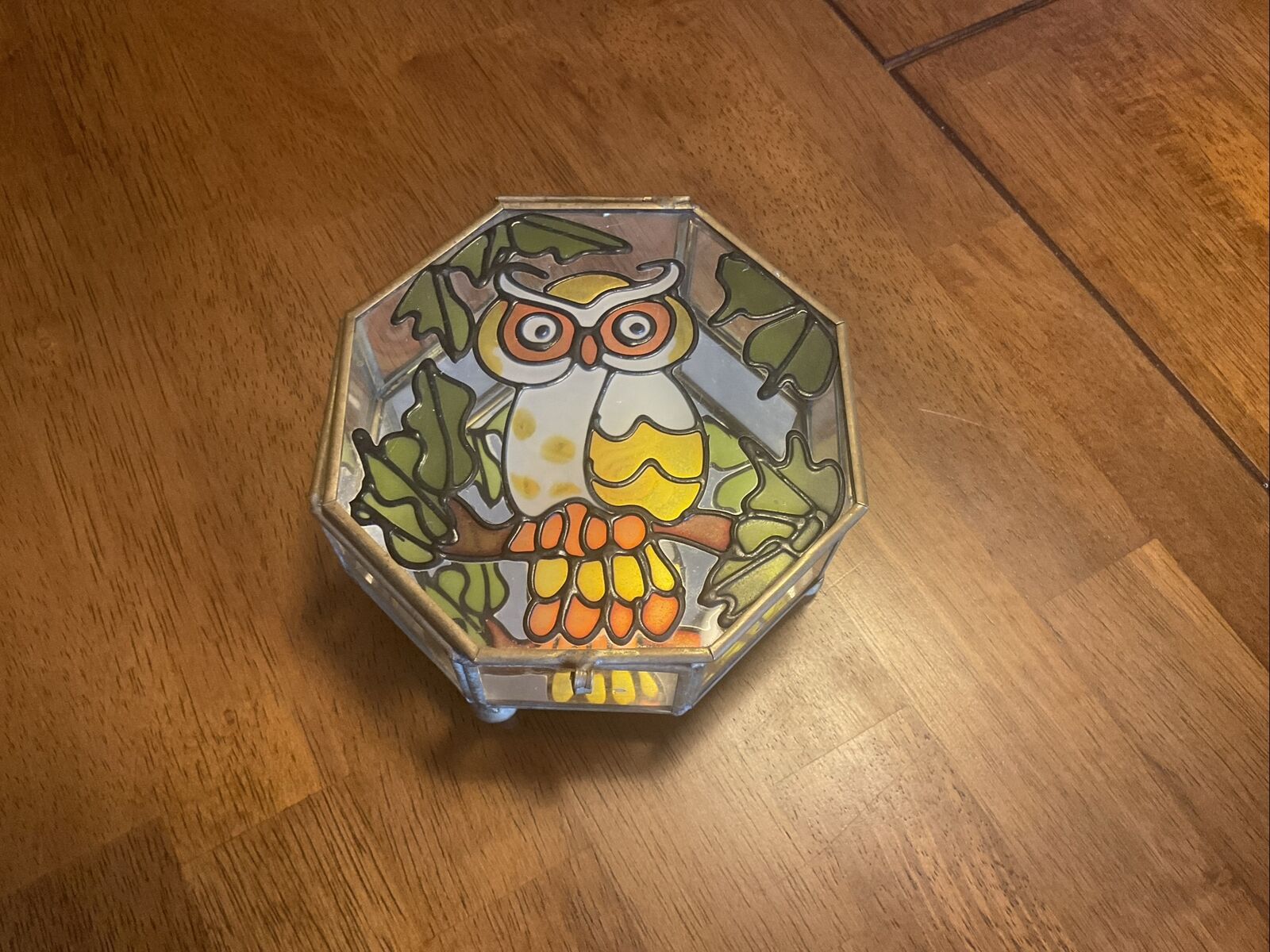 Owl Stained Glass Trinket Box Jewelry Mirror Vintage Home Decor Gift