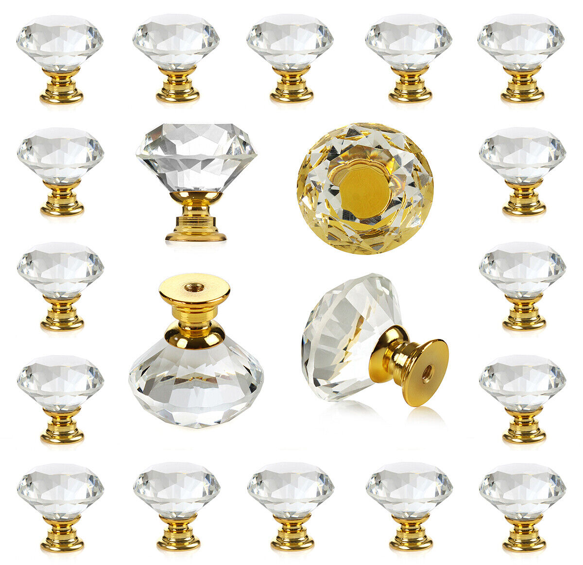 25 pc Crystal Gold Glass Knobs Drawer Pulls for Kitchen Cabinet Dresser Cupboard