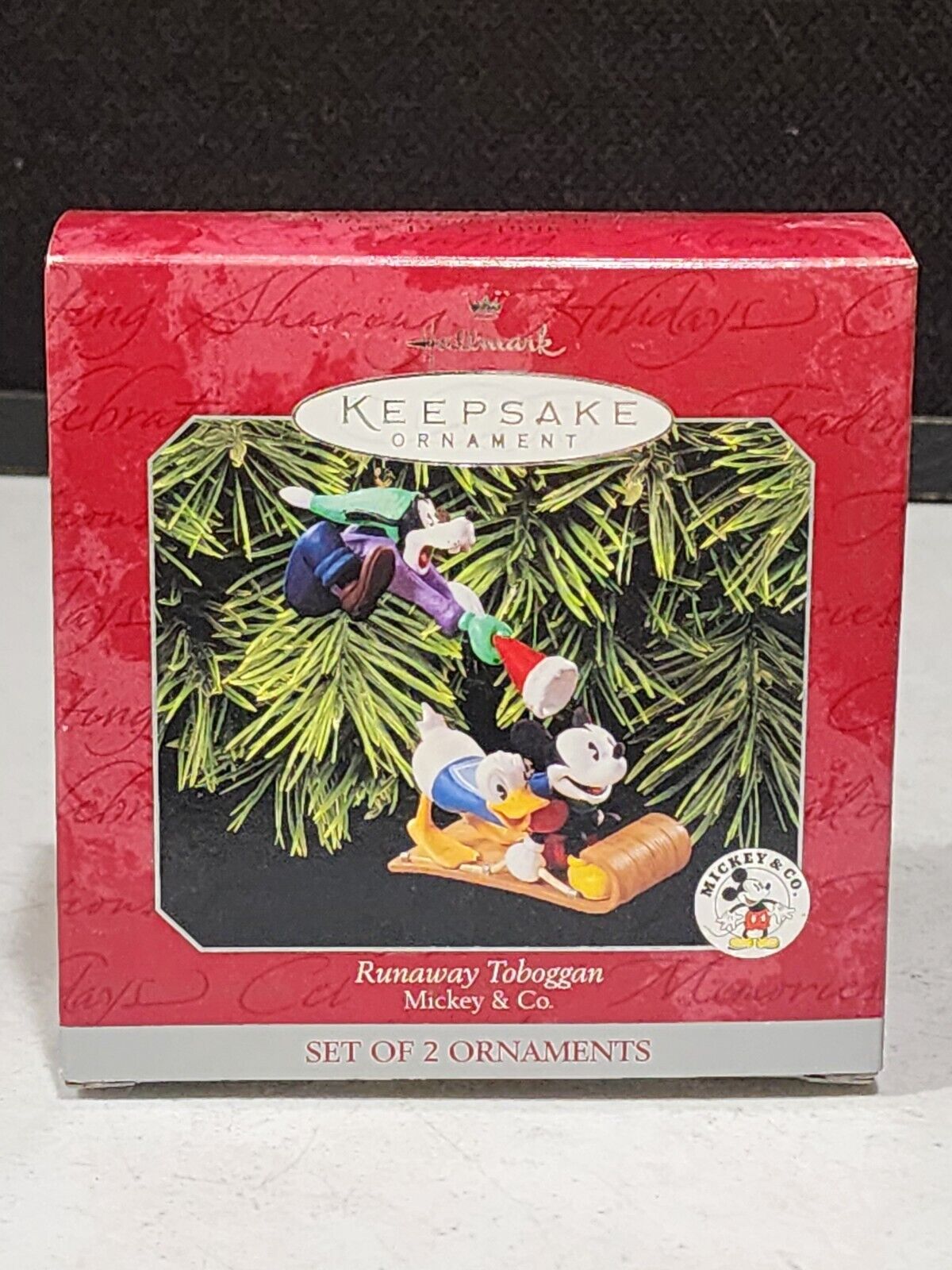 1998 Disney Hallmark Keepsake 2 Ornaments Runaway Toboggan Mickey Goofy Donald
