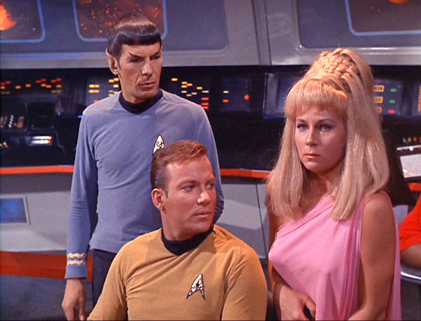 1966s STAR TREK: CHARLIE X Spock, Kirk & distraught Yeoman Rand color 8x10 scene